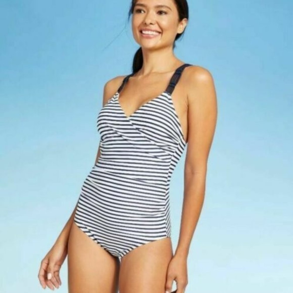 Kona Sol Navy Striped Criss Cross Macrame Strap One Piece Swimsuit Size L